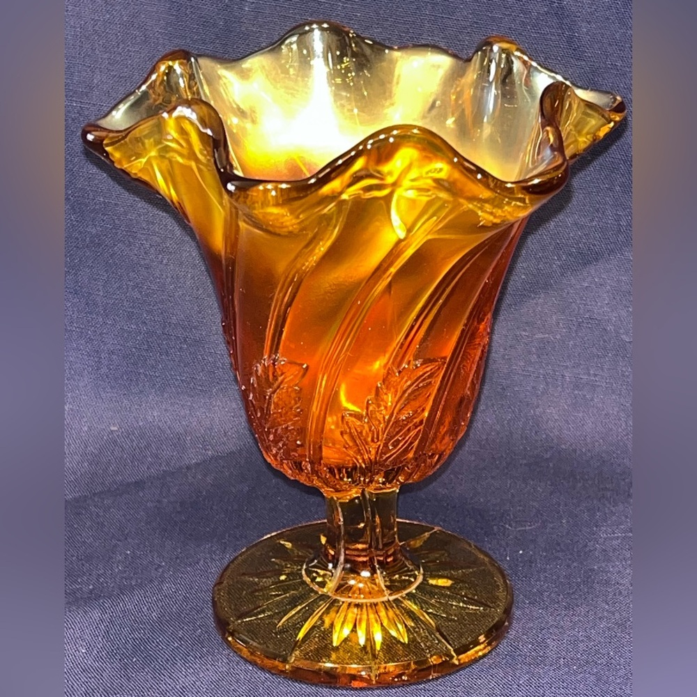 Antique Westmoreland Leaf Swirl handkerchief Amber Carnival Glass Compote Art